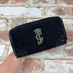 Vintage Velour Juicy Couture Zip Around Wallet Black Bling Silver Y2K Rhinestone
